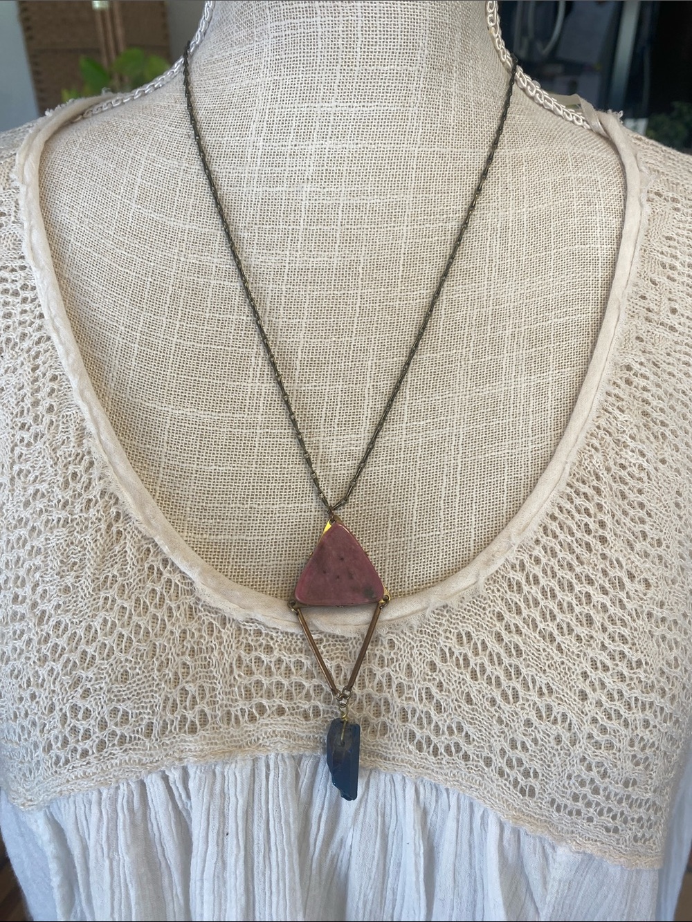 Handcrafted Pink Triangle Pendant Necklace with Brass Accents